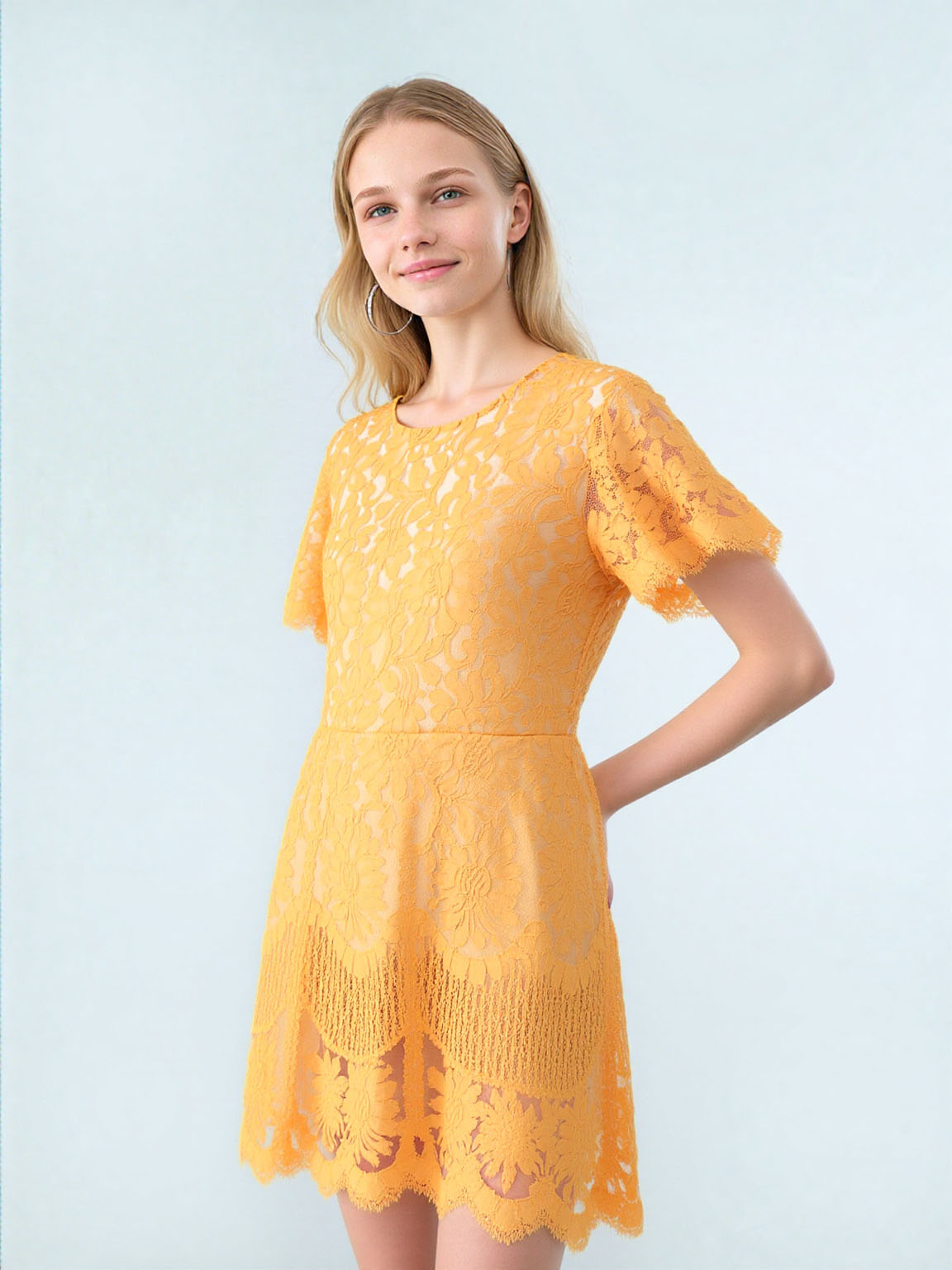 Women Dress MSLG Missy Women Yellow Lace Short Sleeve Dress Size Large