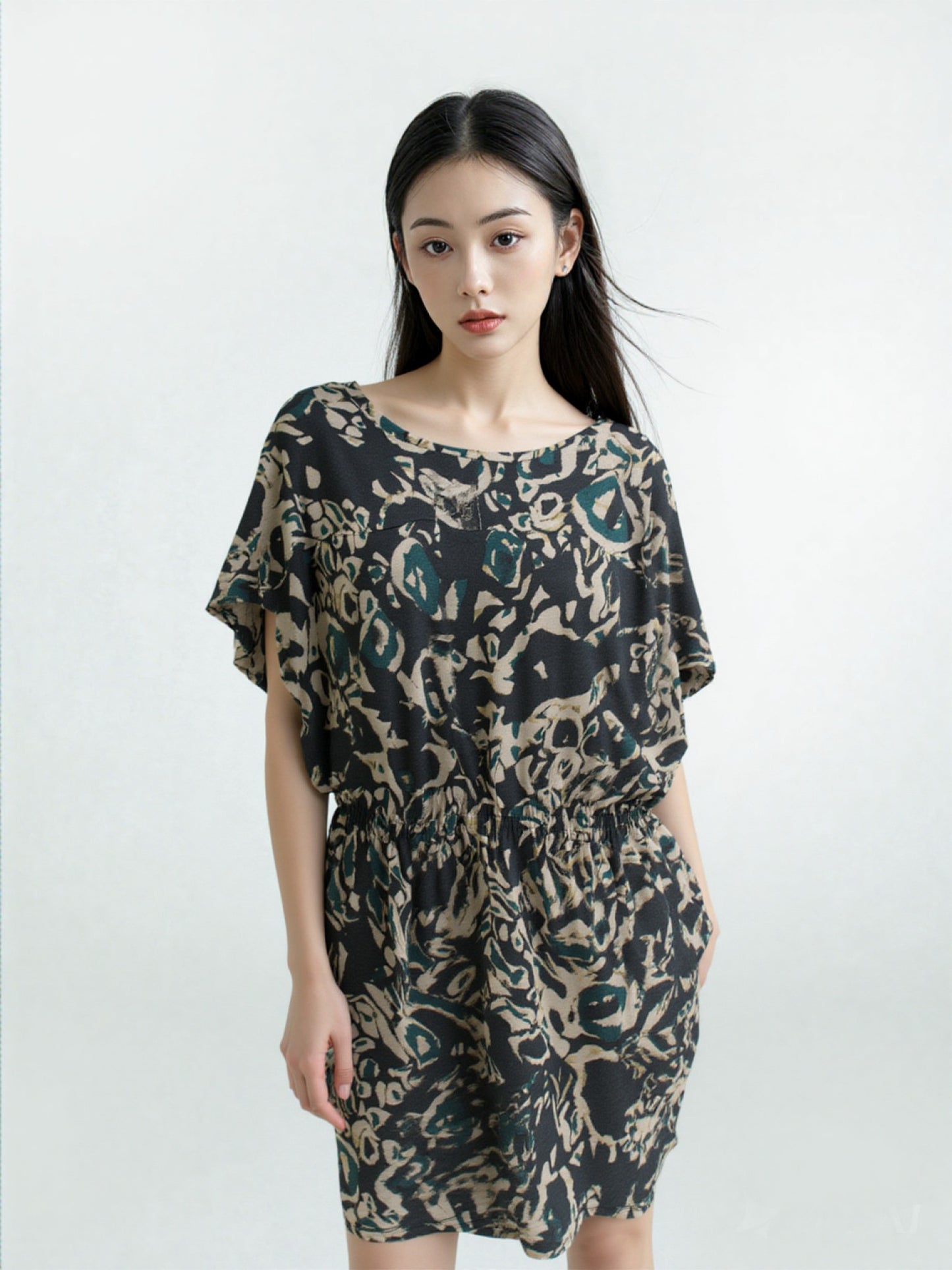 Women's Dress Rachel Roy Short Sleeve Printed Dress Sz M Black/Tan/Green
