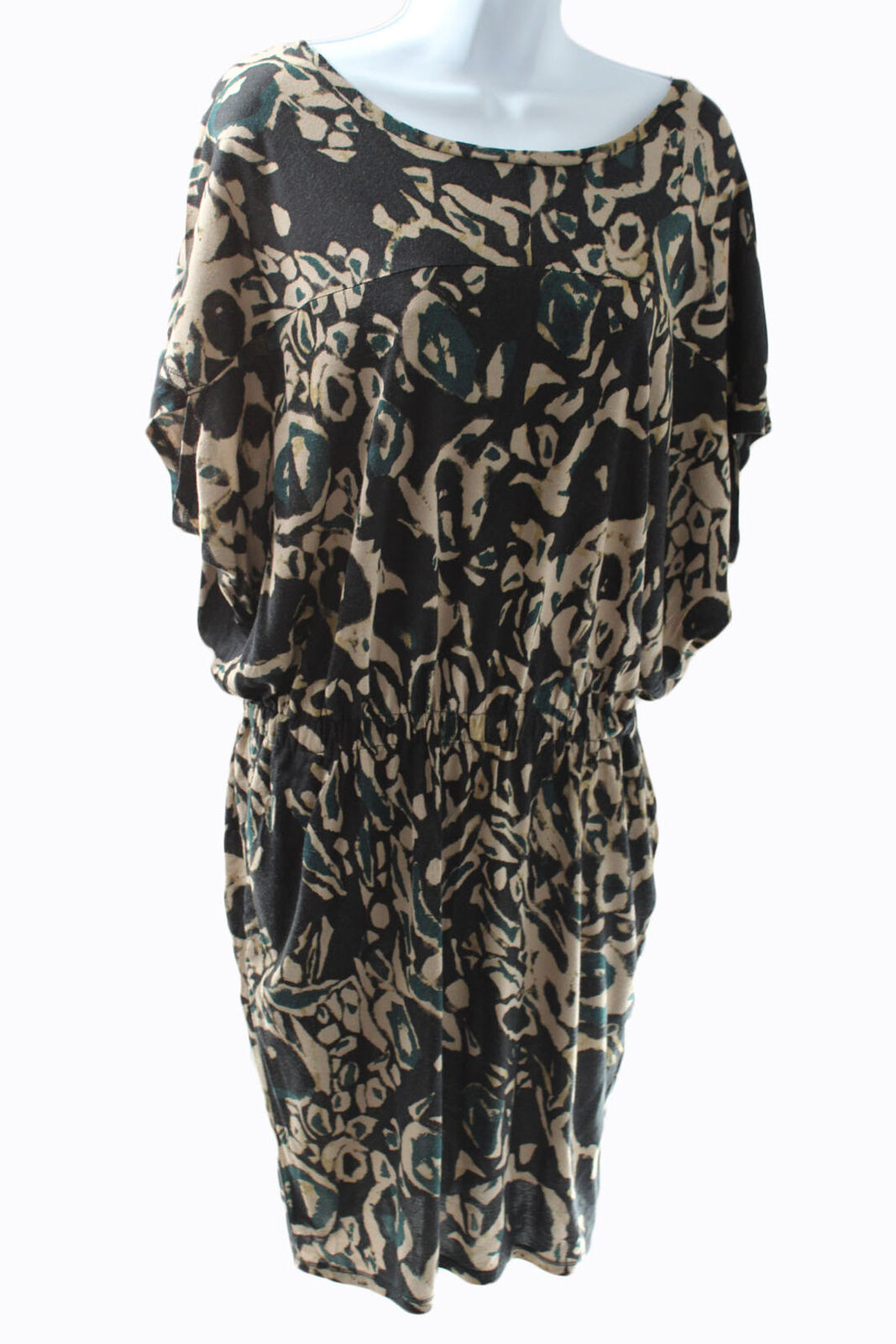 Women's Dress Rachel Roy Short Sleeve Printed Dress Sz M Black/Tan/Green