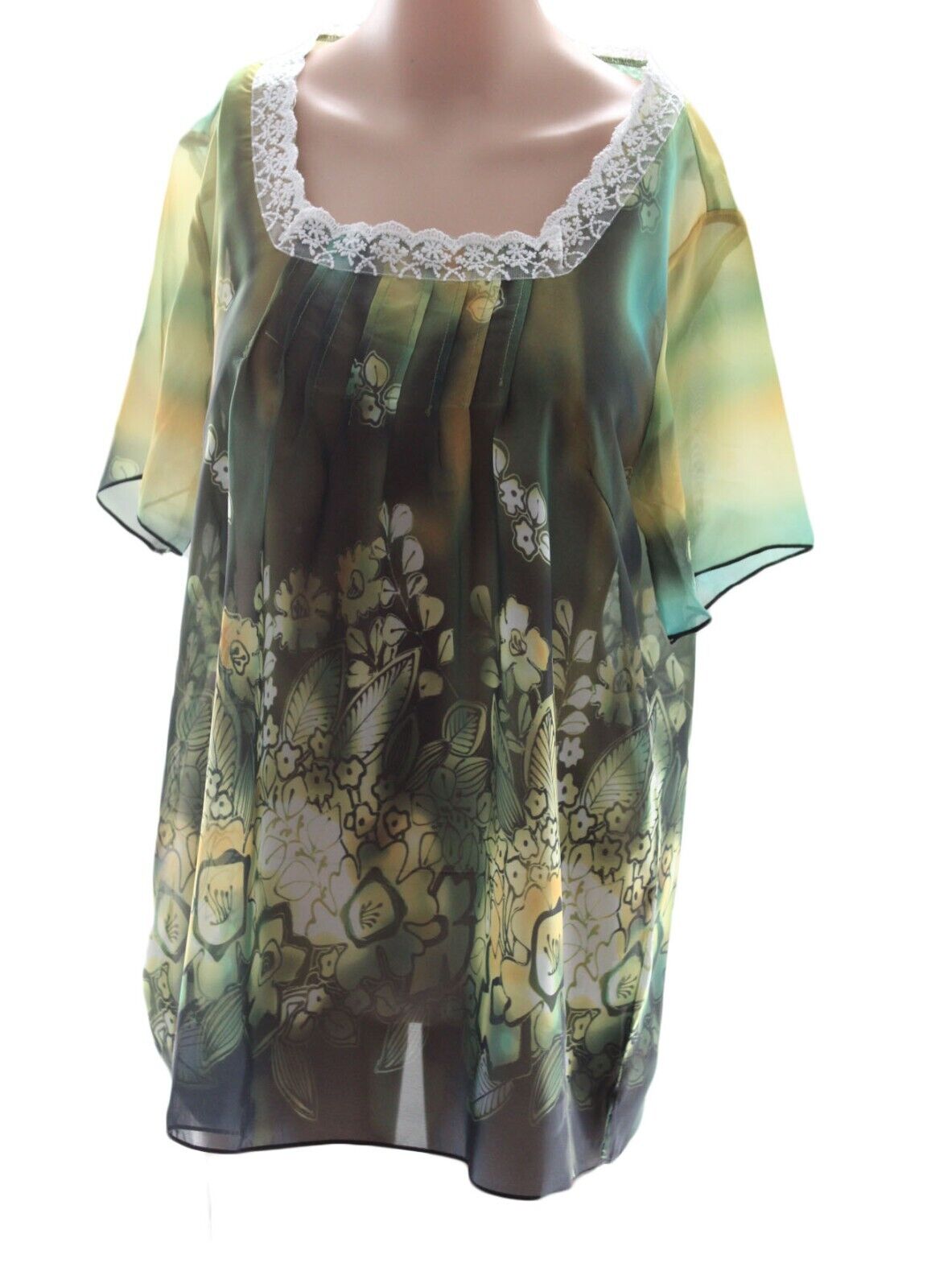 Lian Kiu Women’s Green Sheer Lace Trimmed Square Neck Floral Blouse Size XL