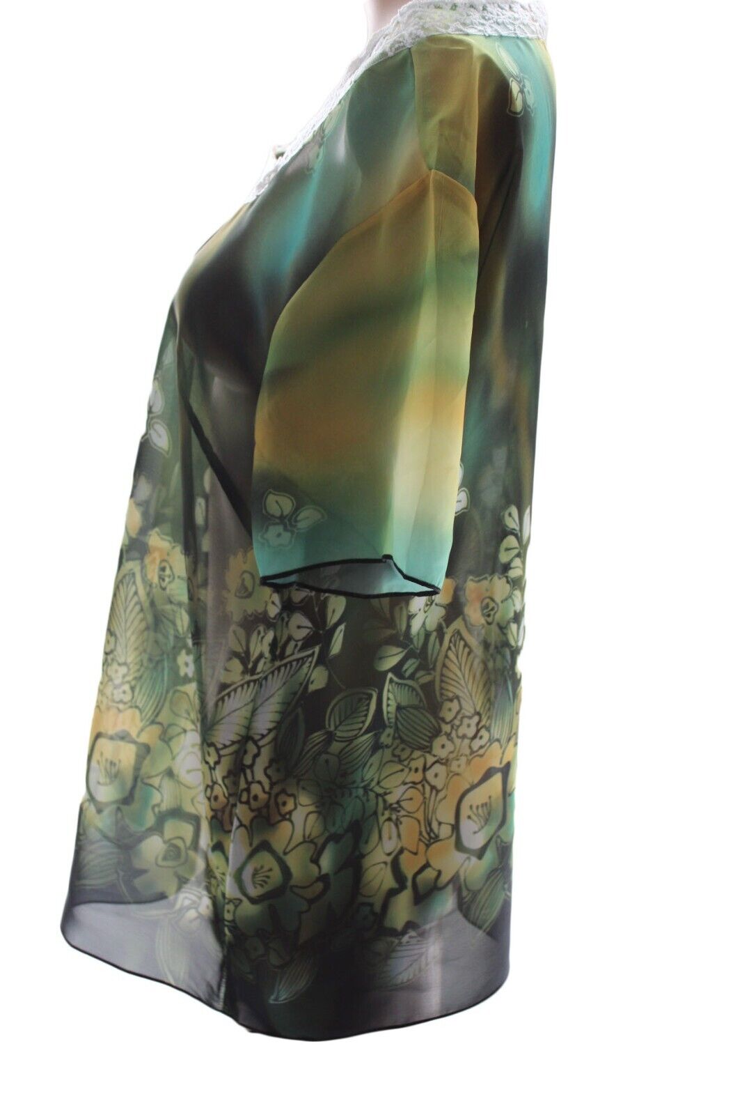 Lian Kiu Women’s Green Sheer Lace Trimmed Square Neck Floral Blouse Size XL