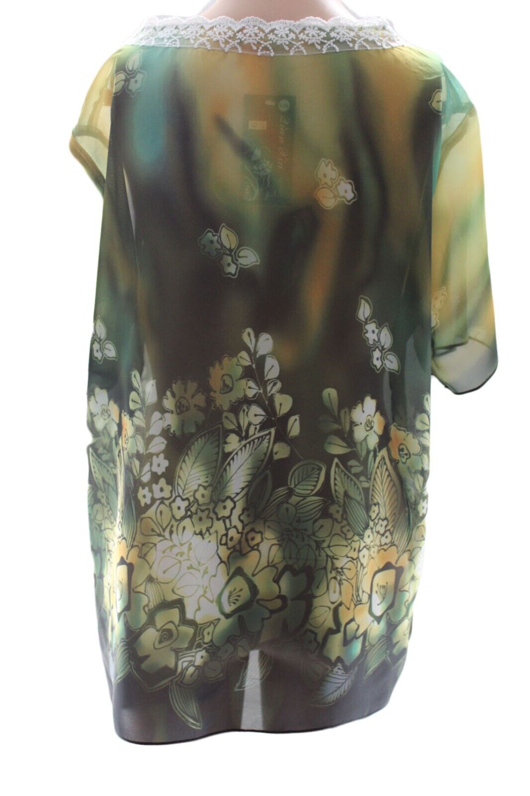 Lian Kiu Women’s Green Sheer Lace Trimmed Square Neck Floral Blouse Size XL