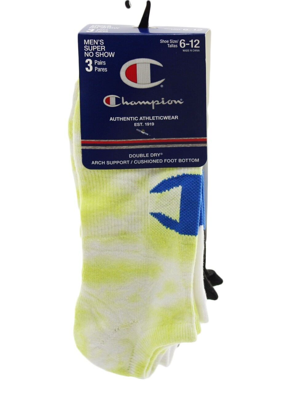 Men Socks Champion No Show Socks 3 Pairs Men Shoe Size 6-12 Tye Dye/White Black
