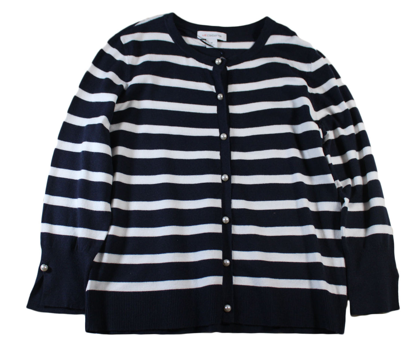 Women Cardigan Liz Claiborne Womens Crew Neck Long Sleeve Button Striped Sz M