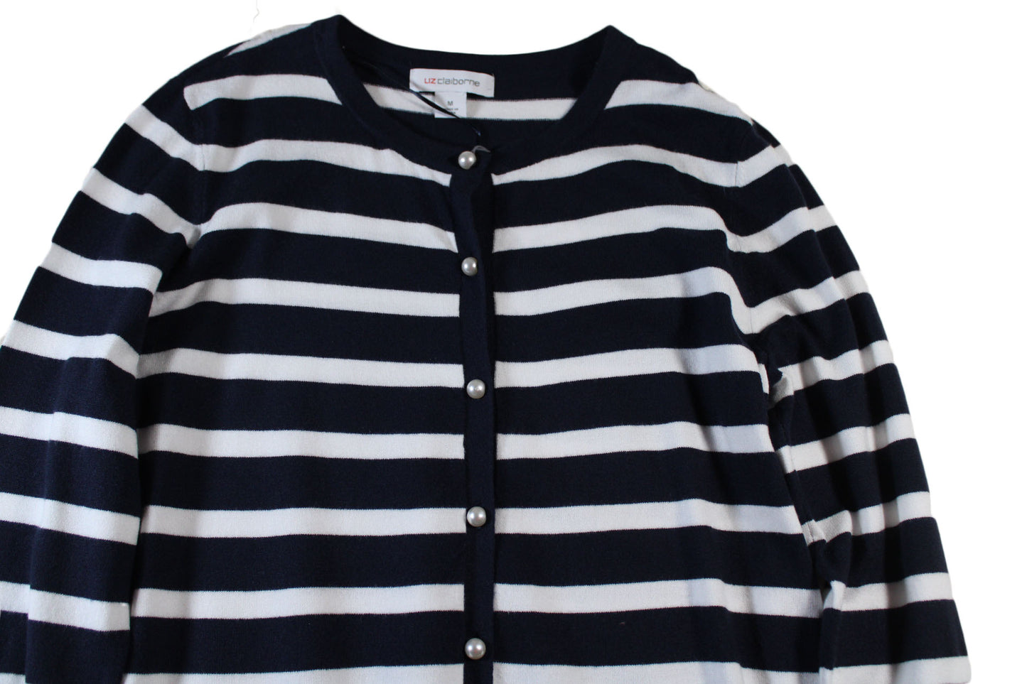 Women Cardigan Liz Claiborne Womens Crew Neck Long Sleeve Button Striped Sz M