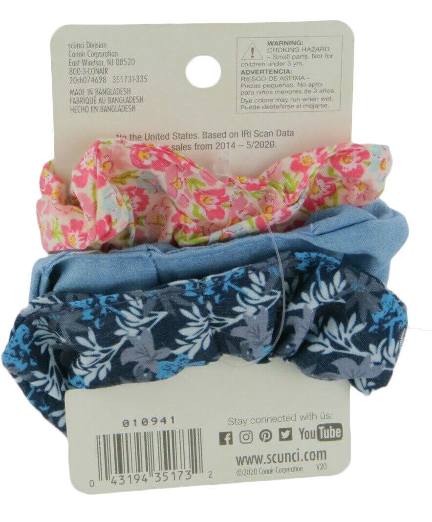 Scunci Kids Scrunchies Pink & Light Blue Floral Print Solid Blue Denim 3pcs 547