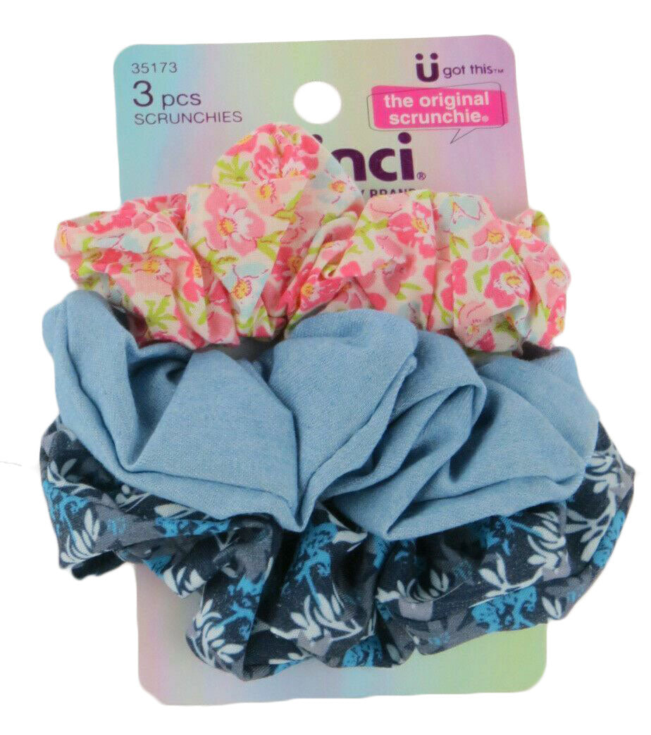 Scunci Kids Scrunchies Pink & Light Blue Floral Print Solid Blue Denim 3pcs 547