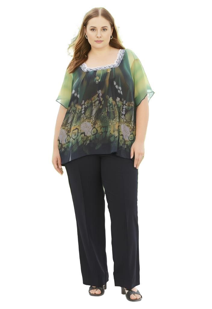 Lian Kiu Women’s Green Sheer Lace Trimmed Square Neck Floral Blouse Size XL