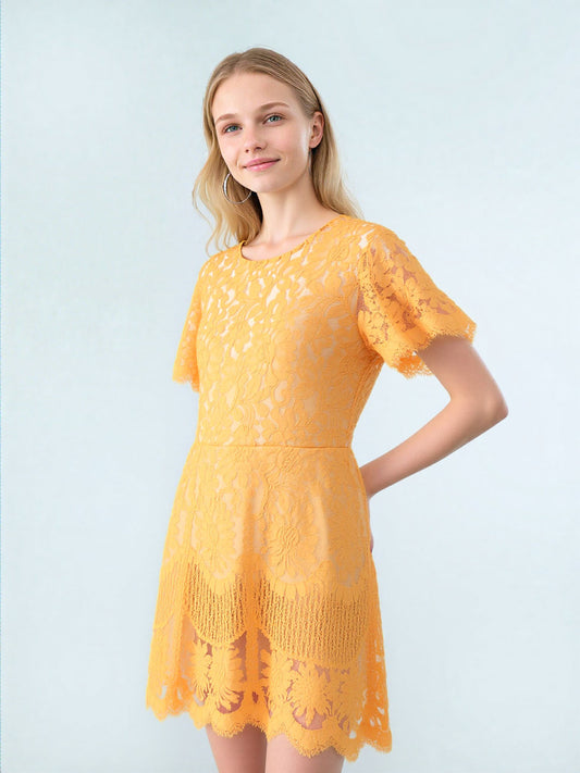 Women Dress MSLG Missy Women Yellow Lace Short Sleeve Dress Size Large