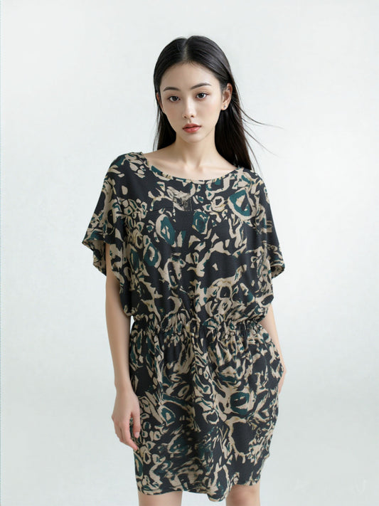 Women's Dress Rachel Roy Short Sleeve Printed Dress Sz M Black/Tan/Green