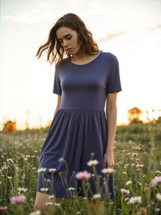 Women Dress Longyuan Women Short Sleeve Dress Size M Blue