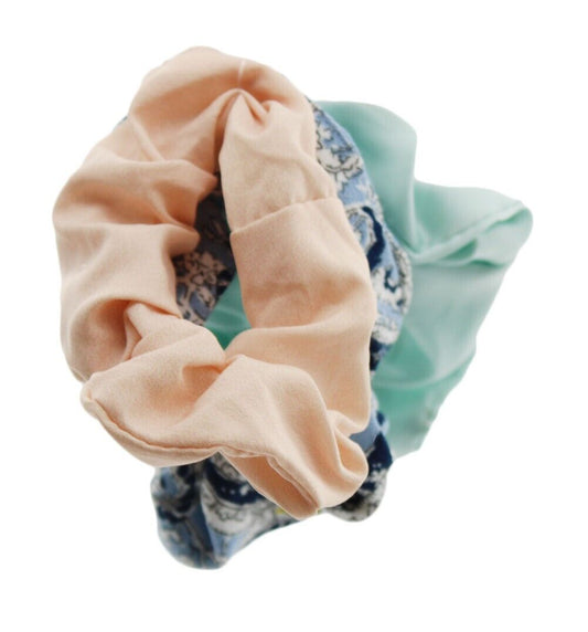 Hair Ties Scunci Multi Scrunchies  Pink Linen Blue Floral & Blue Satin 3pcs