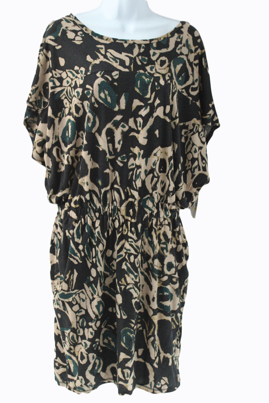 Women's Dress Rachel Roy Short Sleeve Printed Dress Sz M Black/Tan/Green