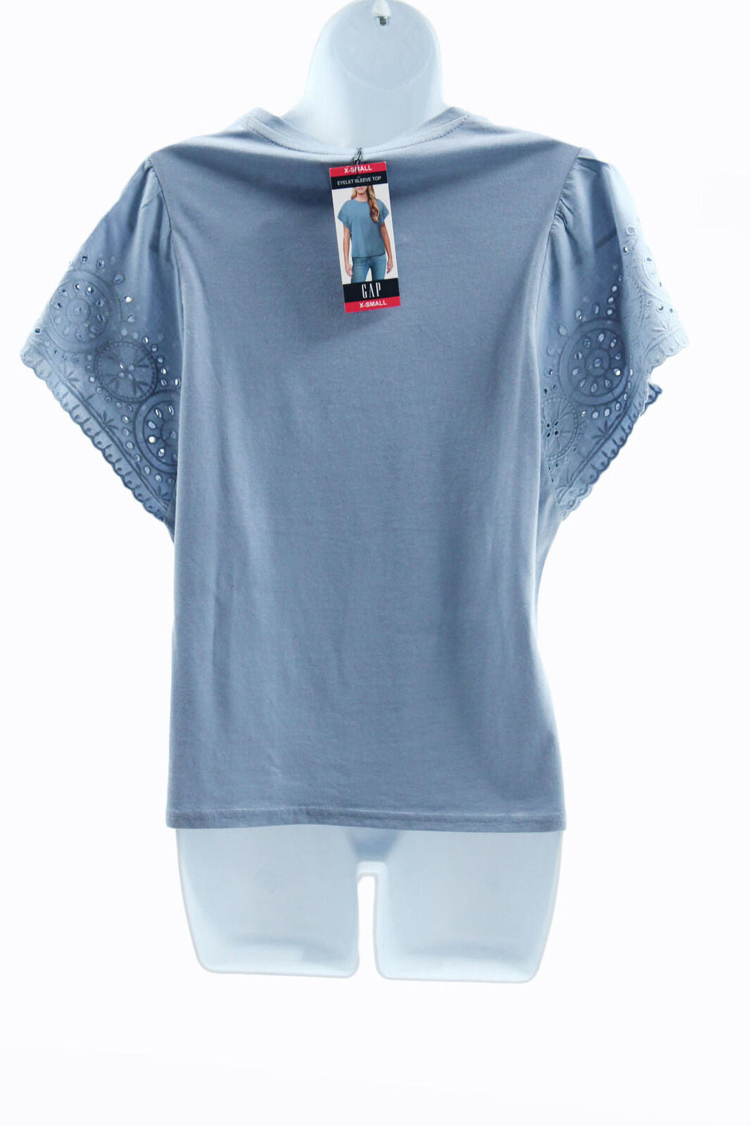 Women Top GAP Women  Eyelet Flutter Short Sleeve Crew Neck Top XS Light Blue