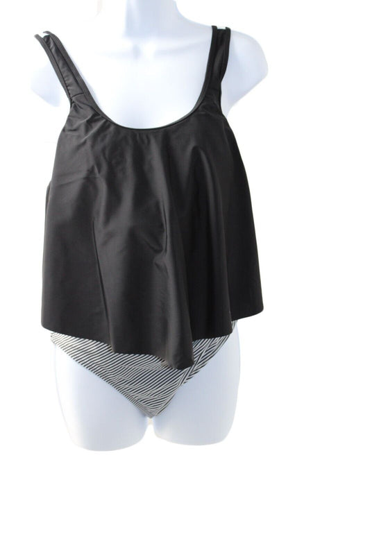Swimsuit SouqFone High-Waisted Tummy Control Striped Swimsuit Size L Black White