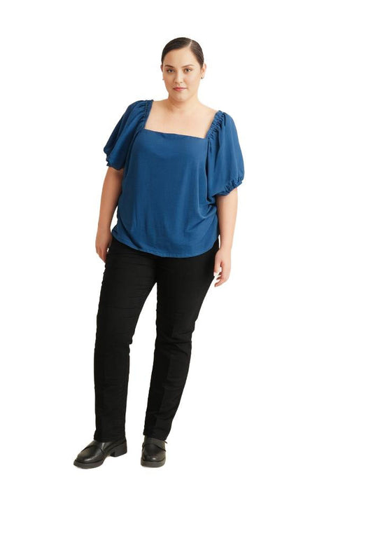 Women Top And Now This Plus Size Puff Sleeve Ruched Sides Top Size 2X Blue