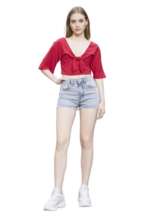 Teen Shirt A New Day Teen Girls Flutter Short Sleeve Tie-Front Shirt Size M Red