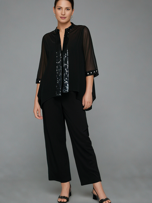 Women Cardigan Maya Brooke Sequin Womens 3/4 Sleeve  w/ Shoulder Pads Sz  L Blac